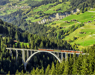 RK3E48 Arosa train on the Langwies Viaduct Bridge, Grisons, Switzerland