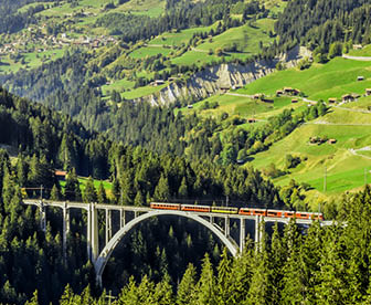 RK3E48 Arosa train on the Langwies Viaduct Bridge, Grisons, Switzerland