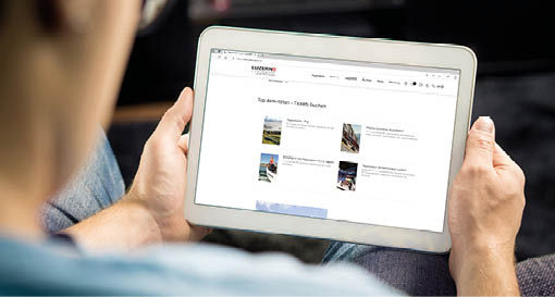 Online news article on tablet screen. Electronic newspaper or magazine. Latest daily press and media. Mockup of digital portal and website. Happy person using web service in the morning. Reading text.
