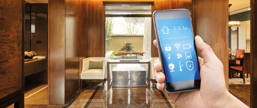 smart phone with smart home and modern living room
